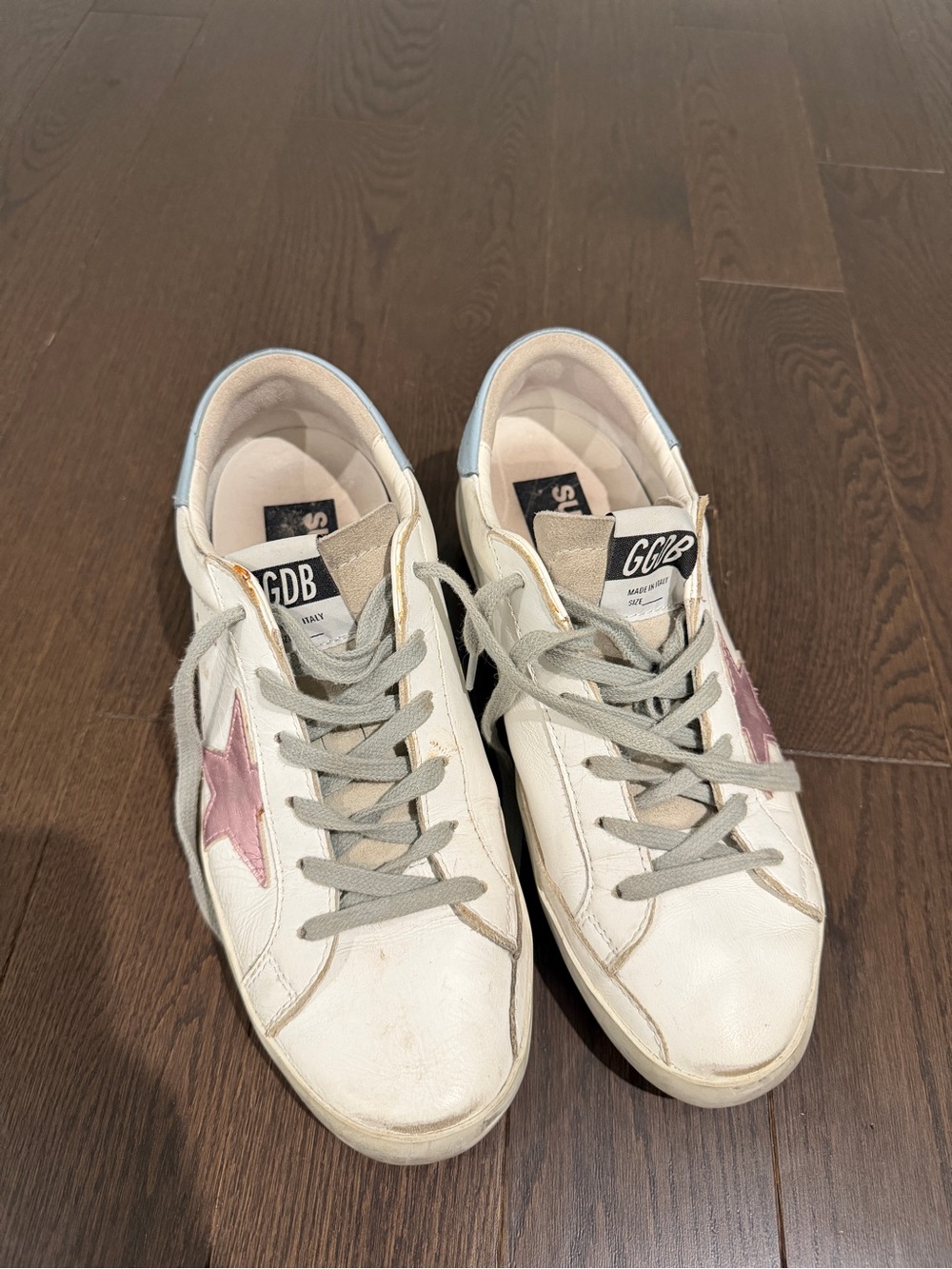Golden Goose White Leather Sneakers with Pink Star and Light Blue Heel